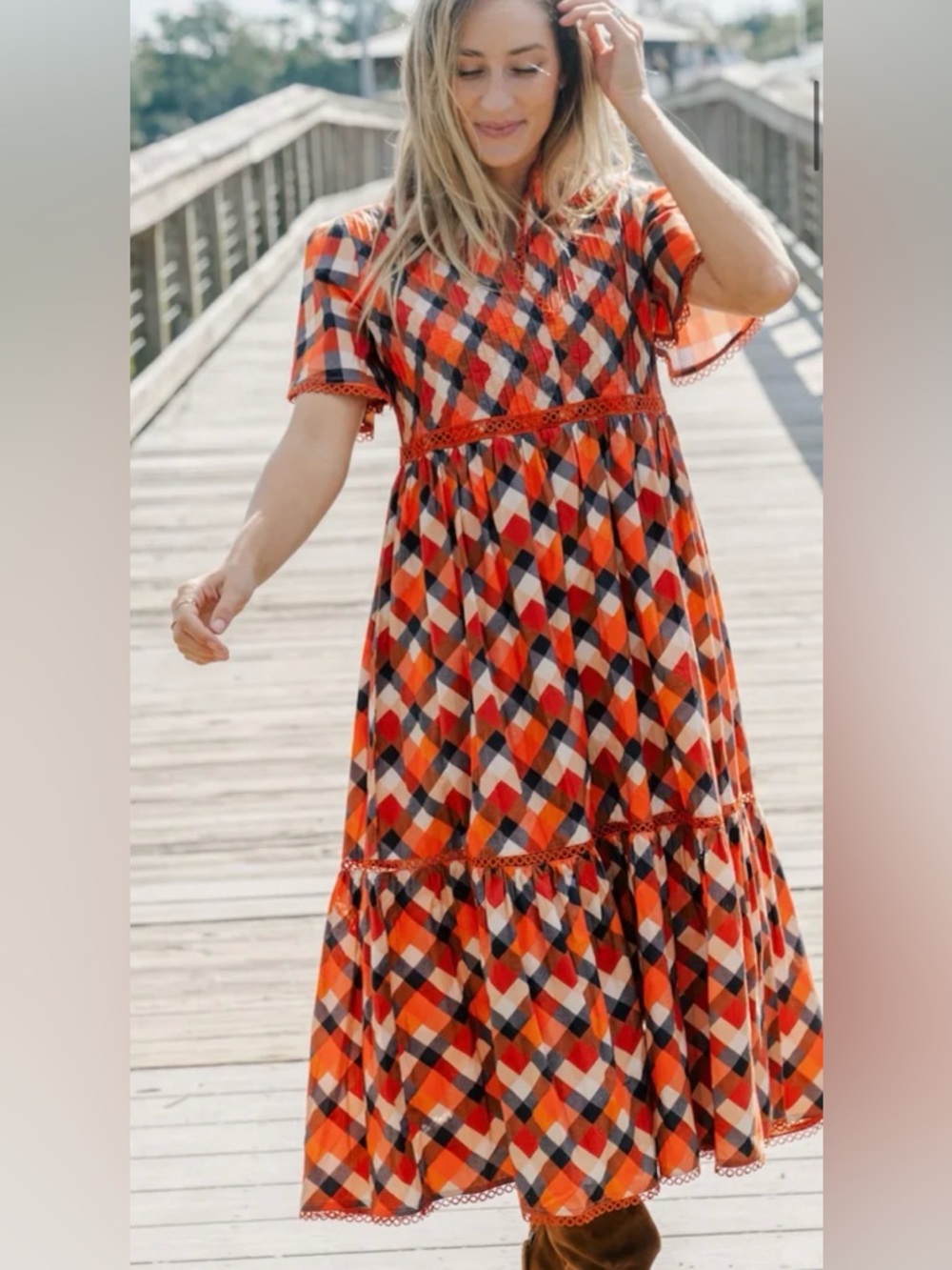 Victoria Dunn Orange Black Cream Plaid Maxi Dress